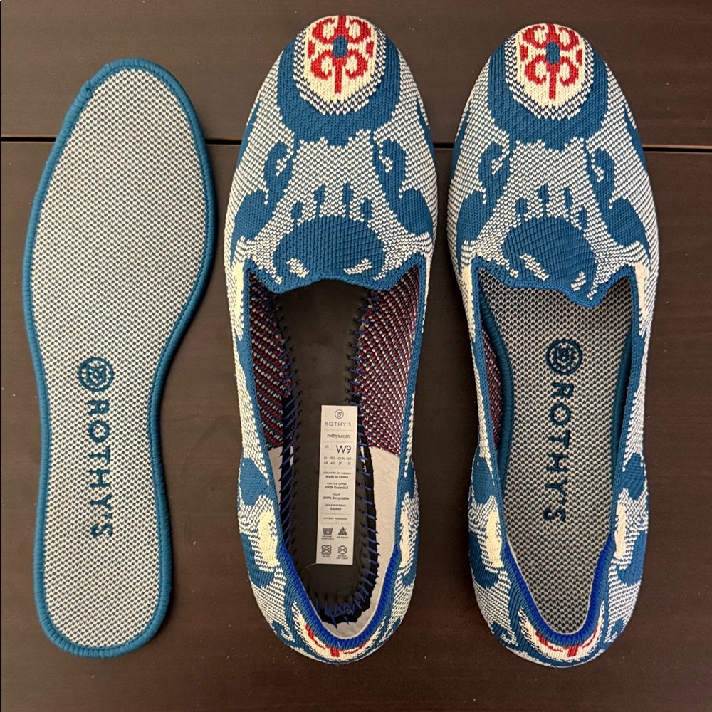 Almost NEW Rothy's Blue and Red Patterned Flats